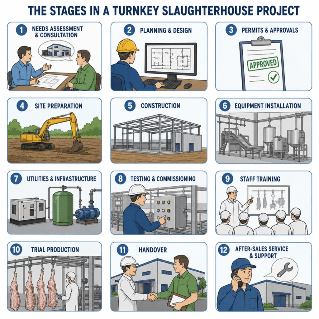 Illustration of the stages in a turnkey slaughterhouse project