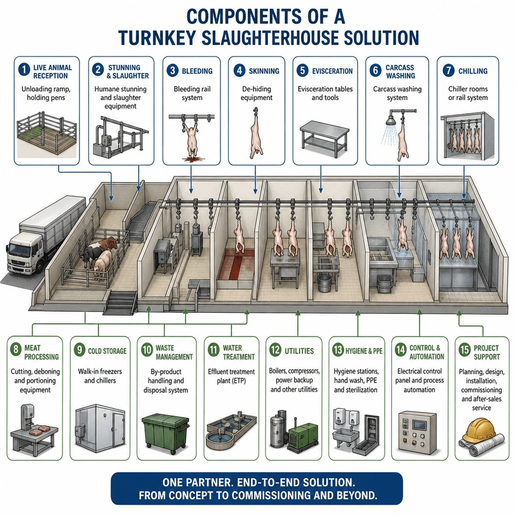 Diagram illustrating the components of a turnkey slaughterhouse solution